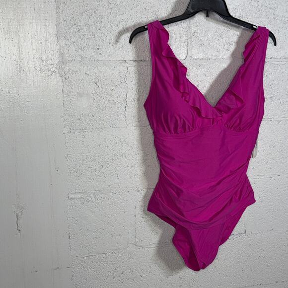 DKNY Ruffle Plunge Underwire Tummy Control One-Piece Swimsuit PINK XXL - Picture 3 of 12